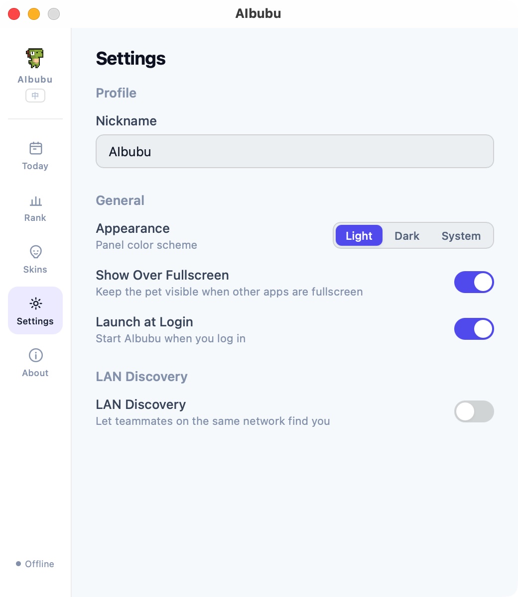 AIbubu settings: name, theme and auto-start options
